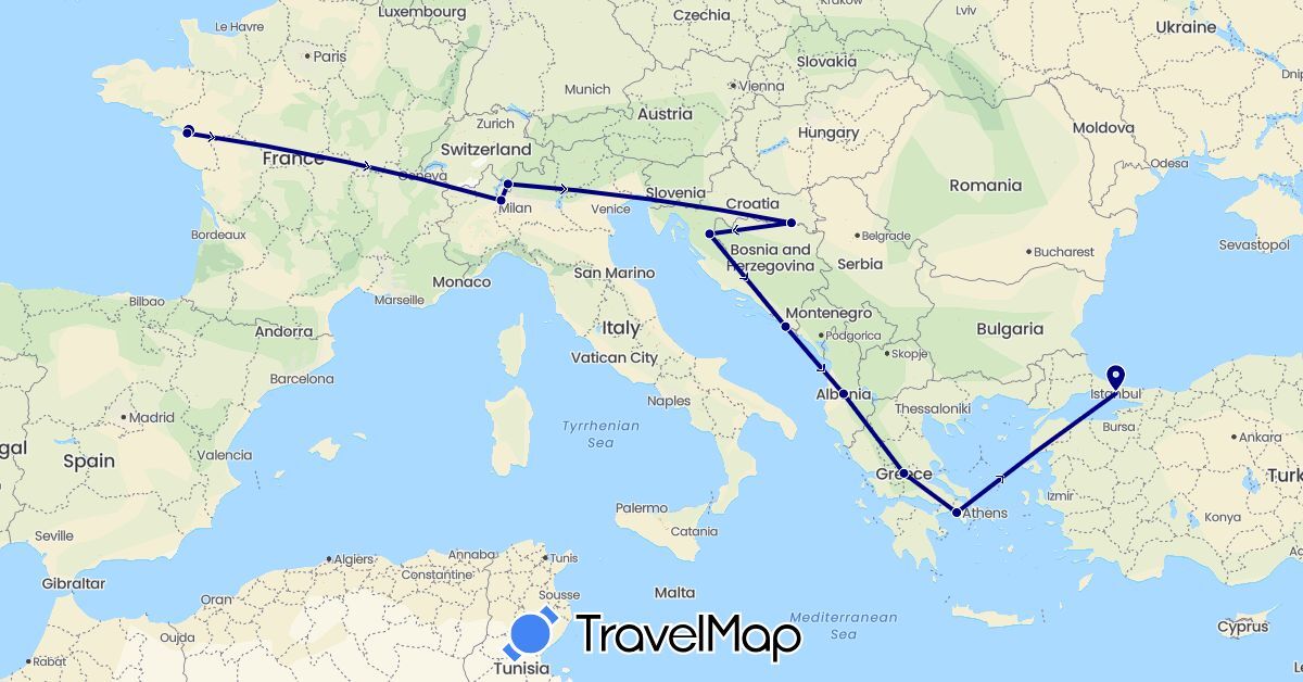 TravelMap itinerary: driving in Albania, Bosnia and Herzegovina, Switzerland, France, Greece, Croatia, Italy, Turkey (Asia, Europe)